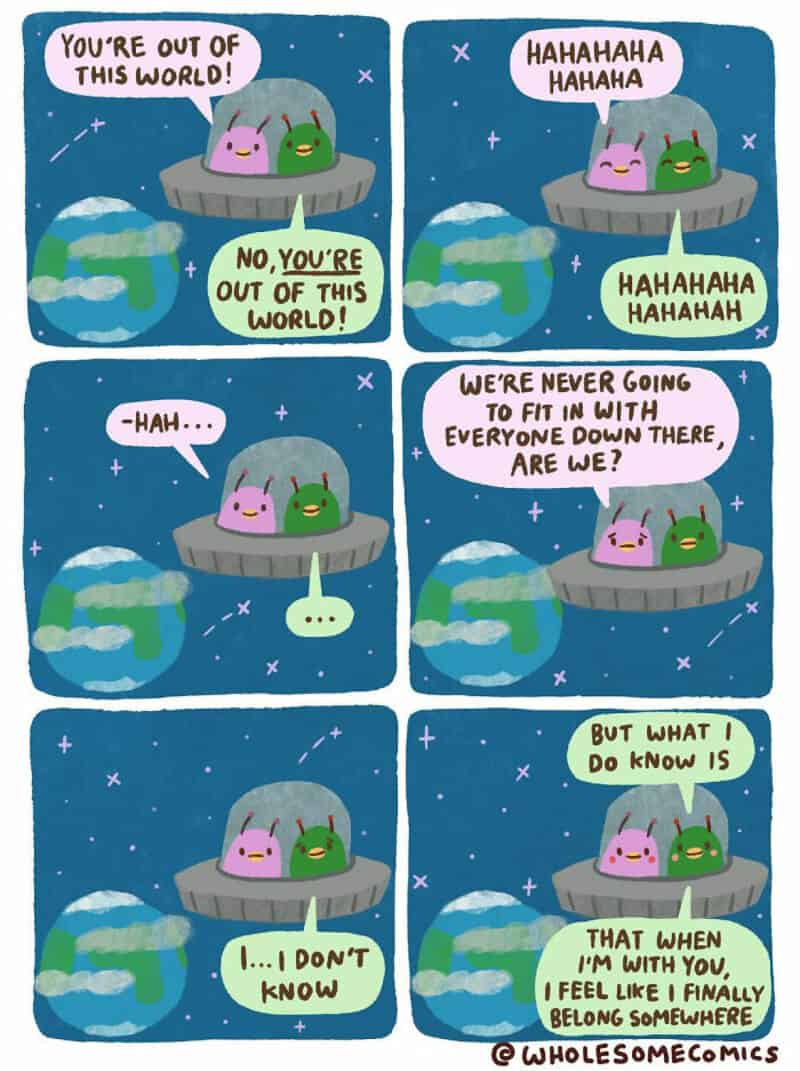 Two cute aliens on a spaceship in space, having a conversation about the world.