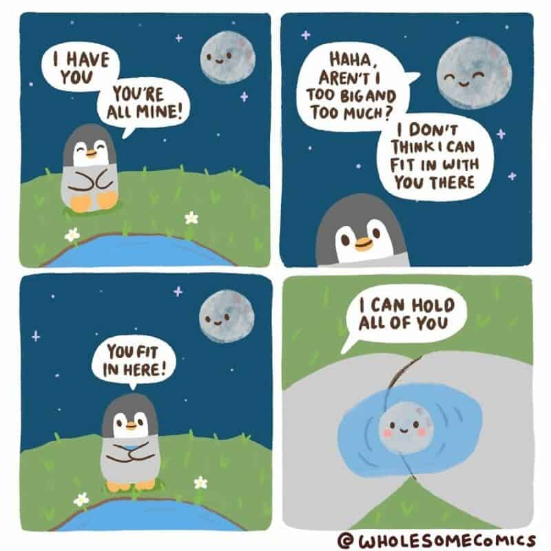 Penguin and moon in a comic about love and fitting together.