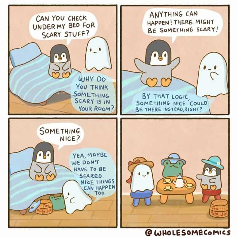 Penguin asks to check under bed for scary stuff, ghost responds, and they discuss nice things and a.