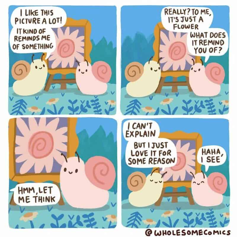 Snail and snail talking about a flower picture, sharing a wholesome conversation.