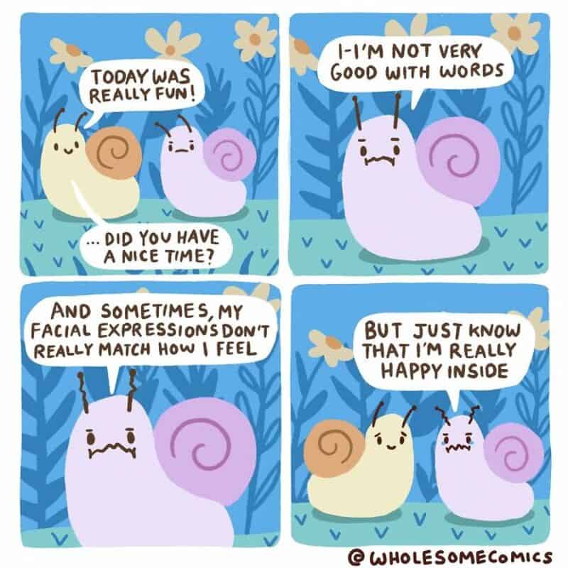 Snails having a conversation about their feelings and happiness.
