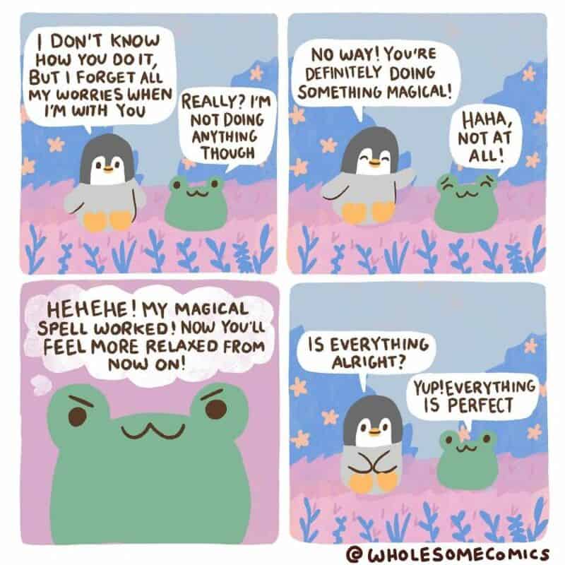 Cute penguin and frog chatting about magic and feeling relaxed.