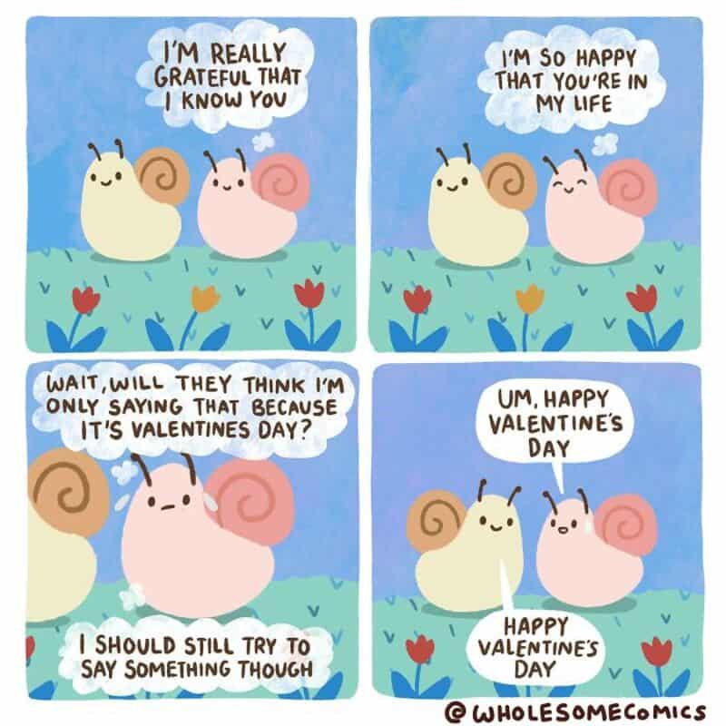 Snails with speech bubbles sharing Valentine's Day feelings and humor.