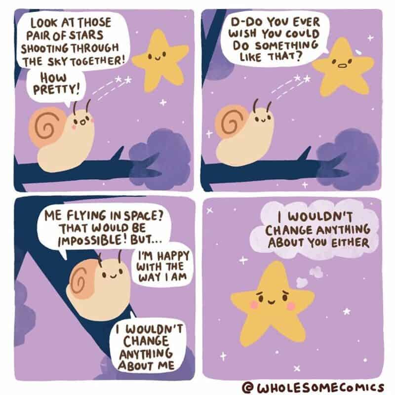Snail and star characters talking about space and stars in a comic strip.