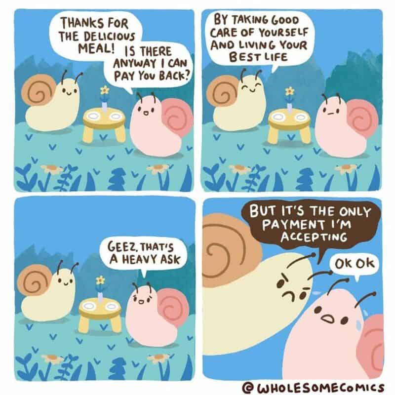 Snail and pink creature talk about payment for a meal, with a comic style background.