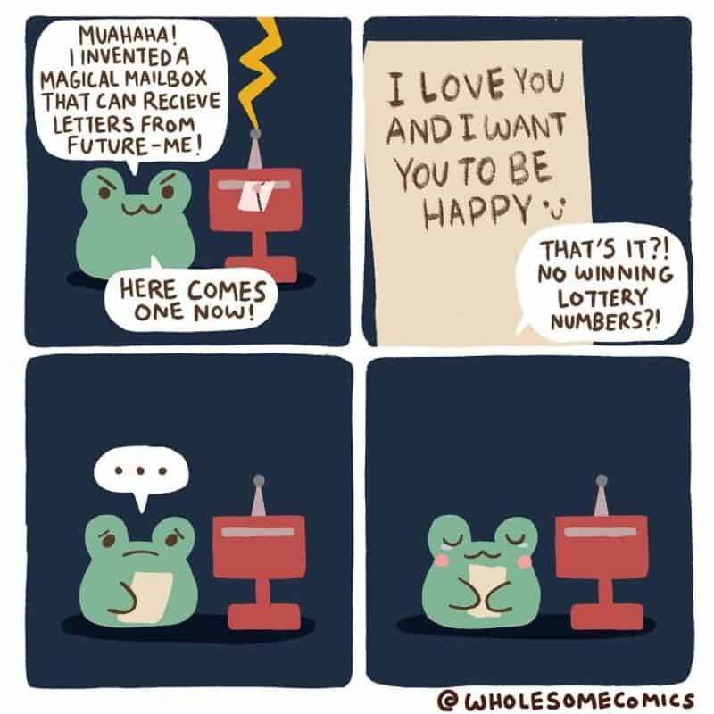 Comic strip of a frog with a mailbox, expressing love and happiness.