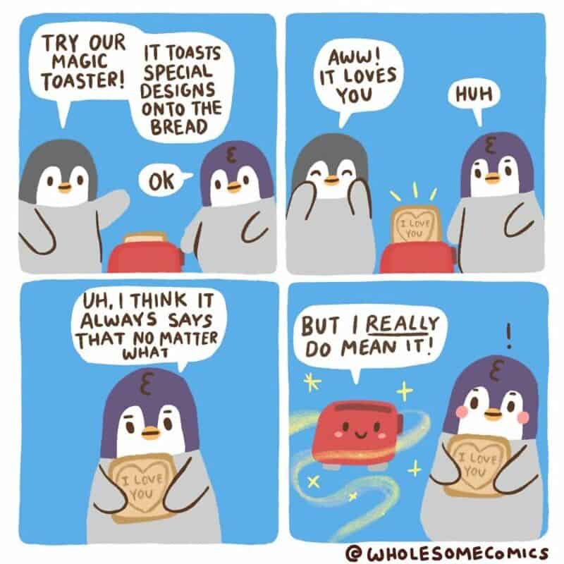 Penguins talk about a magic toaster that toasts special designs onto bread, with one penguin showing.