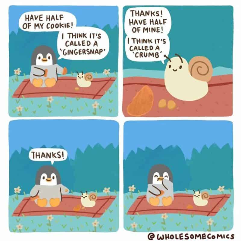Penguin and snail sharing cookies and discussing their names.