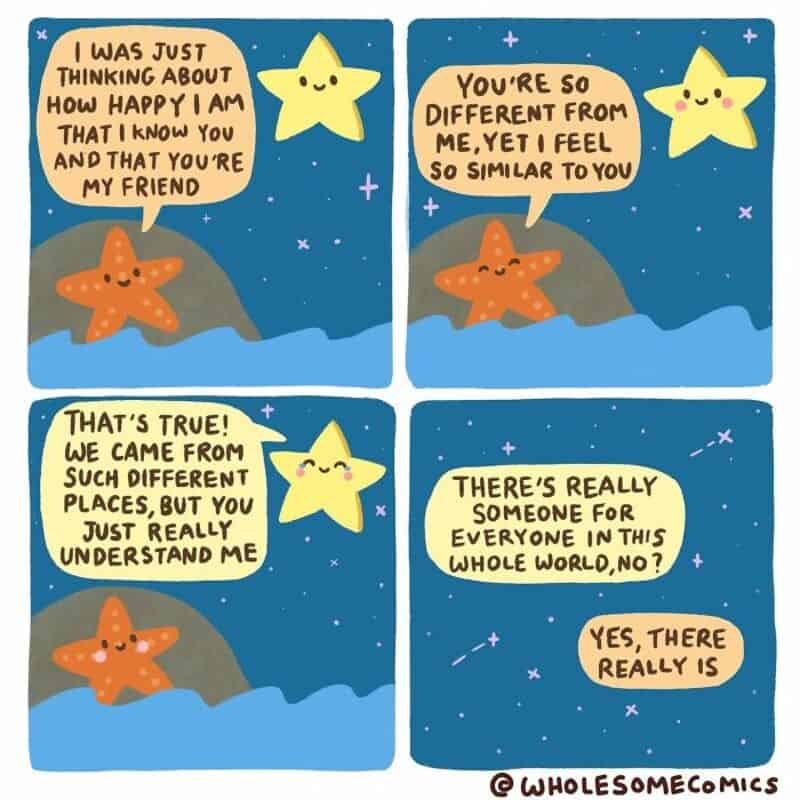 Wholesome comic with two starfish characters talking about friendship and understanding.