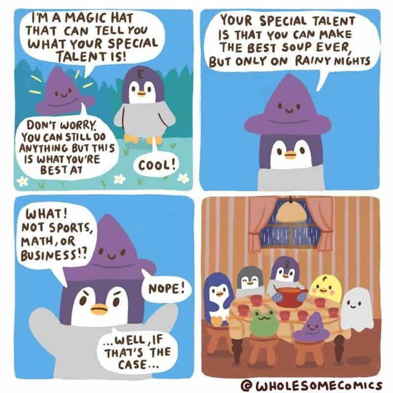 Wholesome comic with penguins and a purple wizard hat talking about talents and rain.
