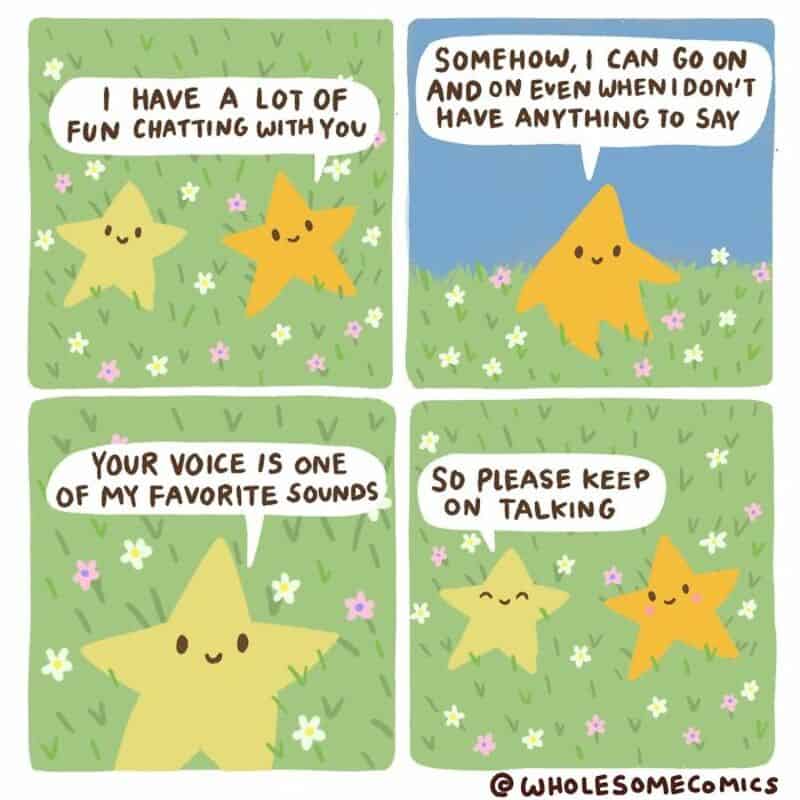 Cute star characters chatting in a grassy field with flowers.