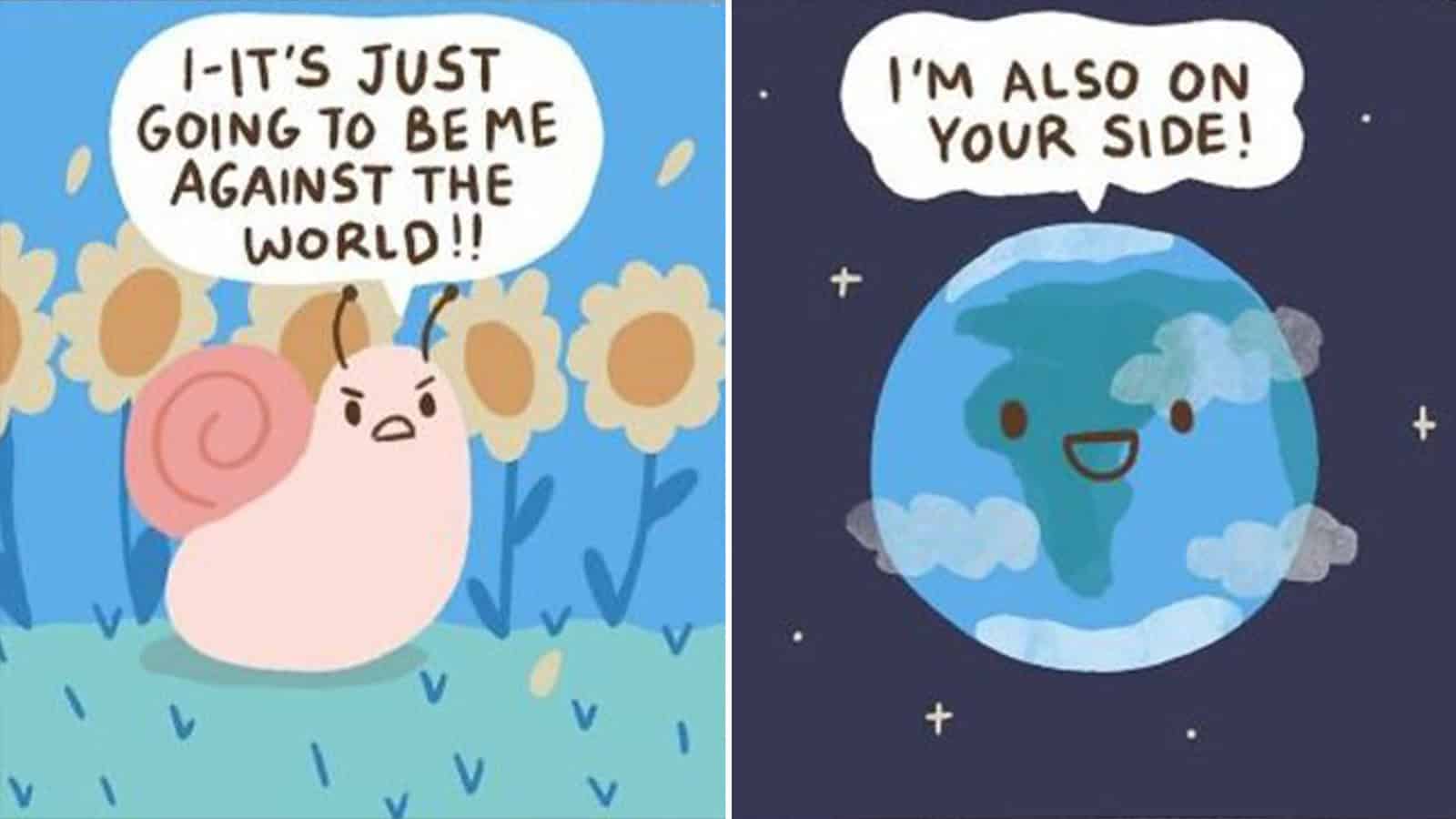 A cute snail with a pink shell and angry expression, saying it's against the world.