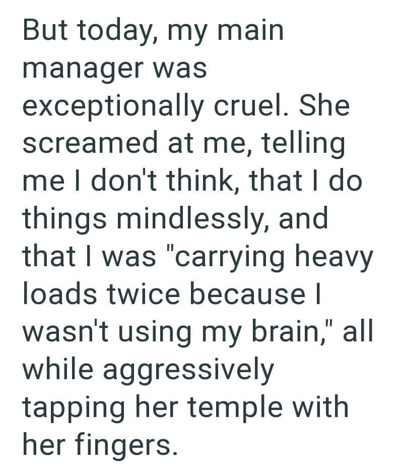 Text about a cruel manager scolding and tapping her fingers on her temple.