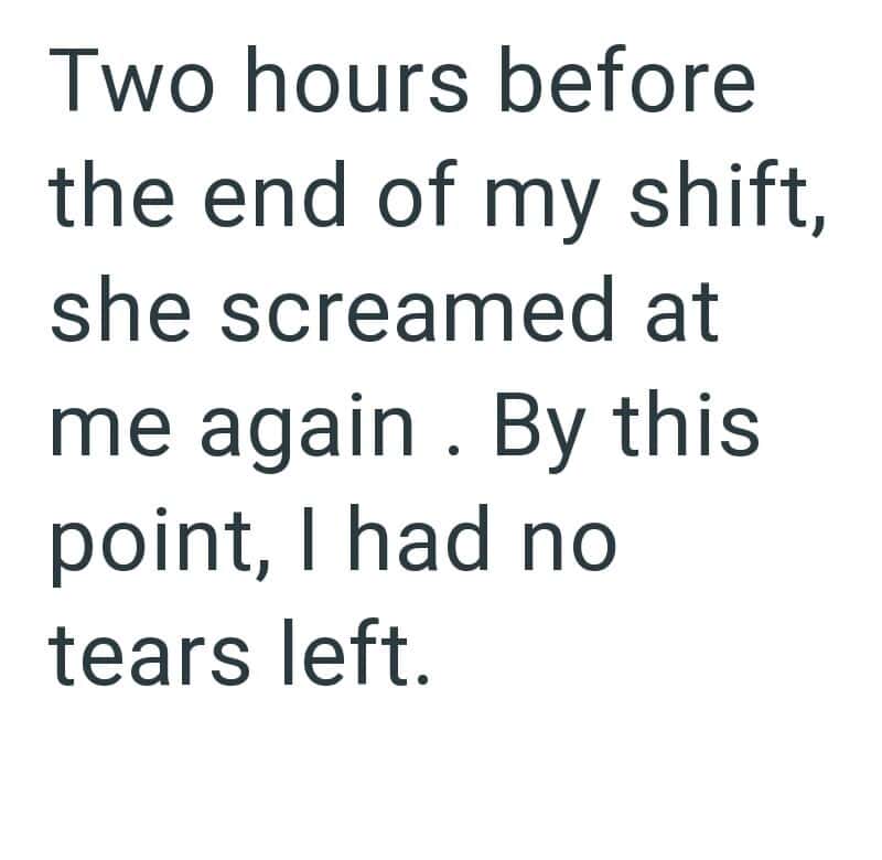 Two hours before the end of my shift, she screamed at me again. I had no tears left.