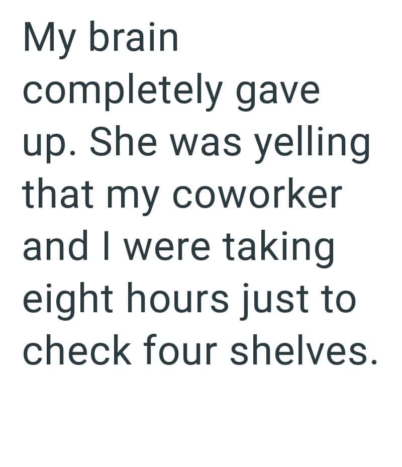 My brain completely gave up. She was yelling that my coworker and I were taking eight hours just to.