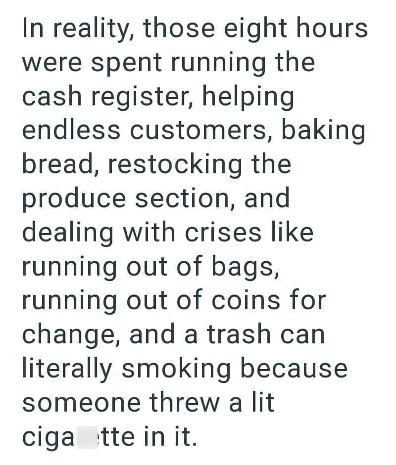 Text about an employee's busy day including cash register, baking bread, and dealing with crises.