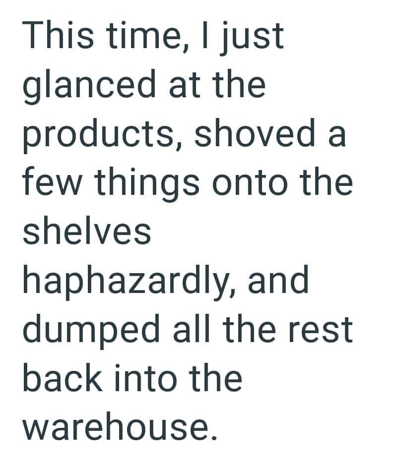 Person glancing at products, shoving items onto shelves in a warehouse.