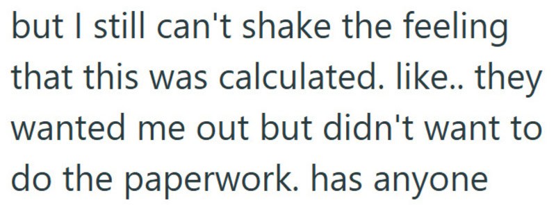 Text about feelings and calculations, mentioning being pushed out and paperwork.