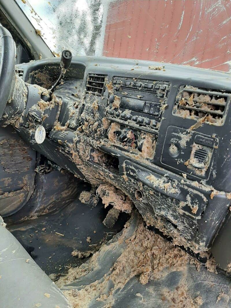 Dirty, mud-covered vehicle dashboard with damaged controls and debris.