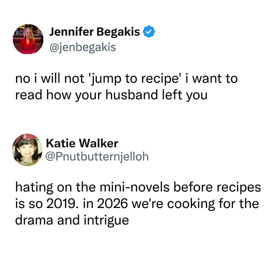 Screenshot of tweets about recipes and drama, with humorous comments.