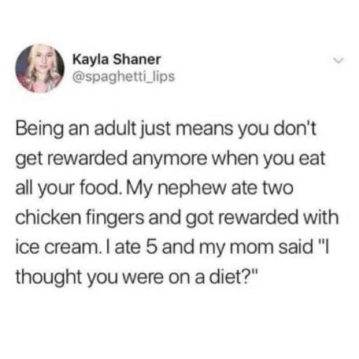 Kayla Shaner tweet about eating chicken fingers and getting ice cream.