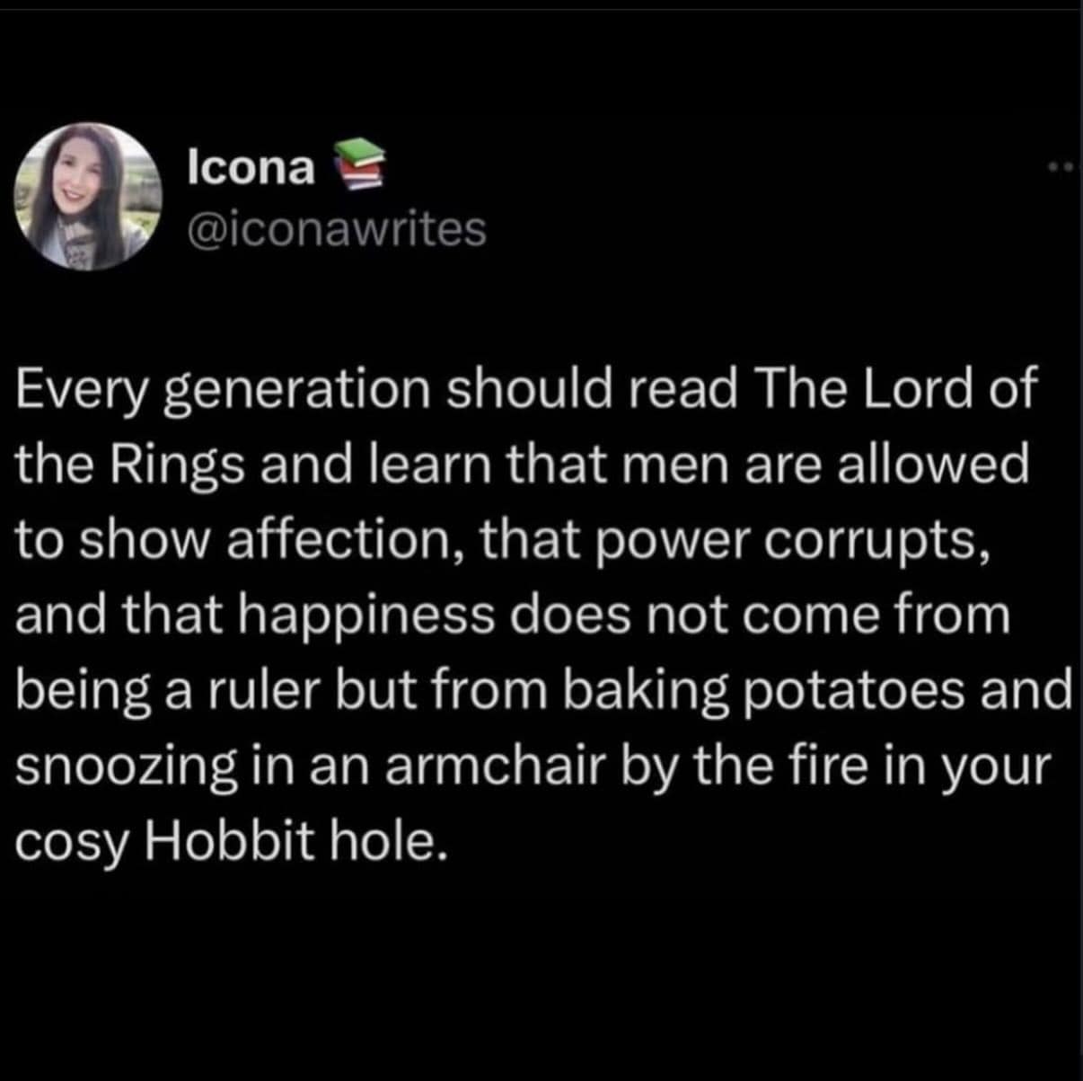 Quote about The Lord of the Rings and baking potatoes in a Hobbit hole.