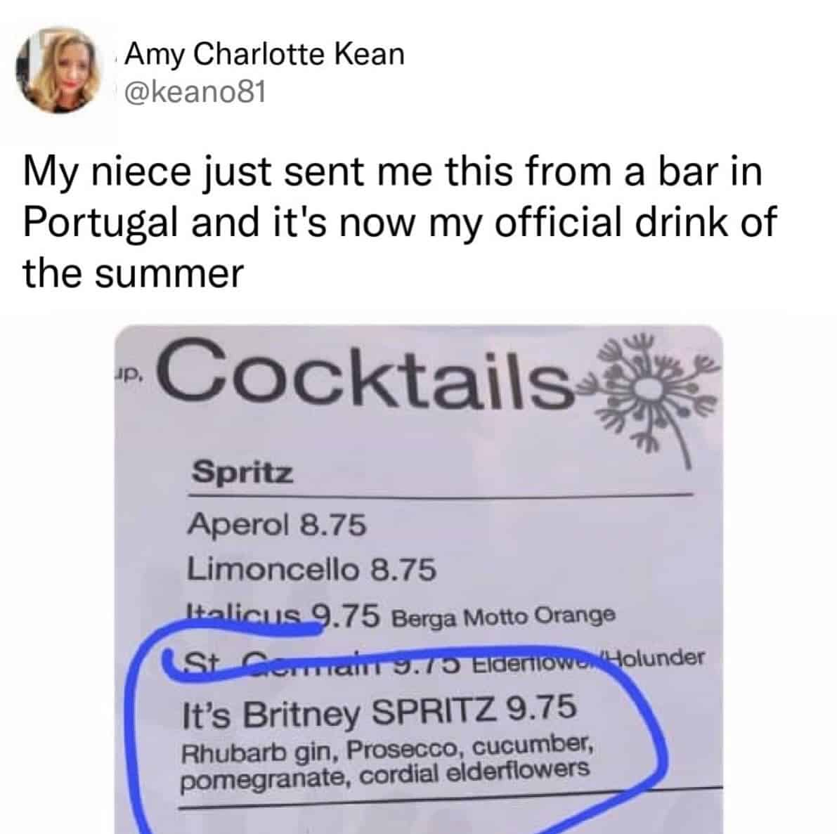 A cocktail menu with a humorous drink named Britney SPRITZ, sent by a niece from Portugal.