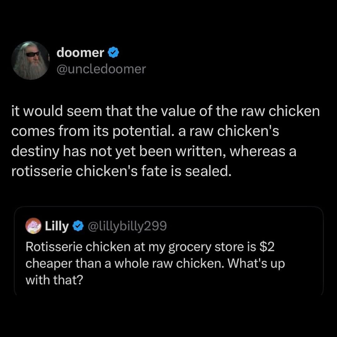 Twitter conversation about raw chicken and rotisserie chicken.