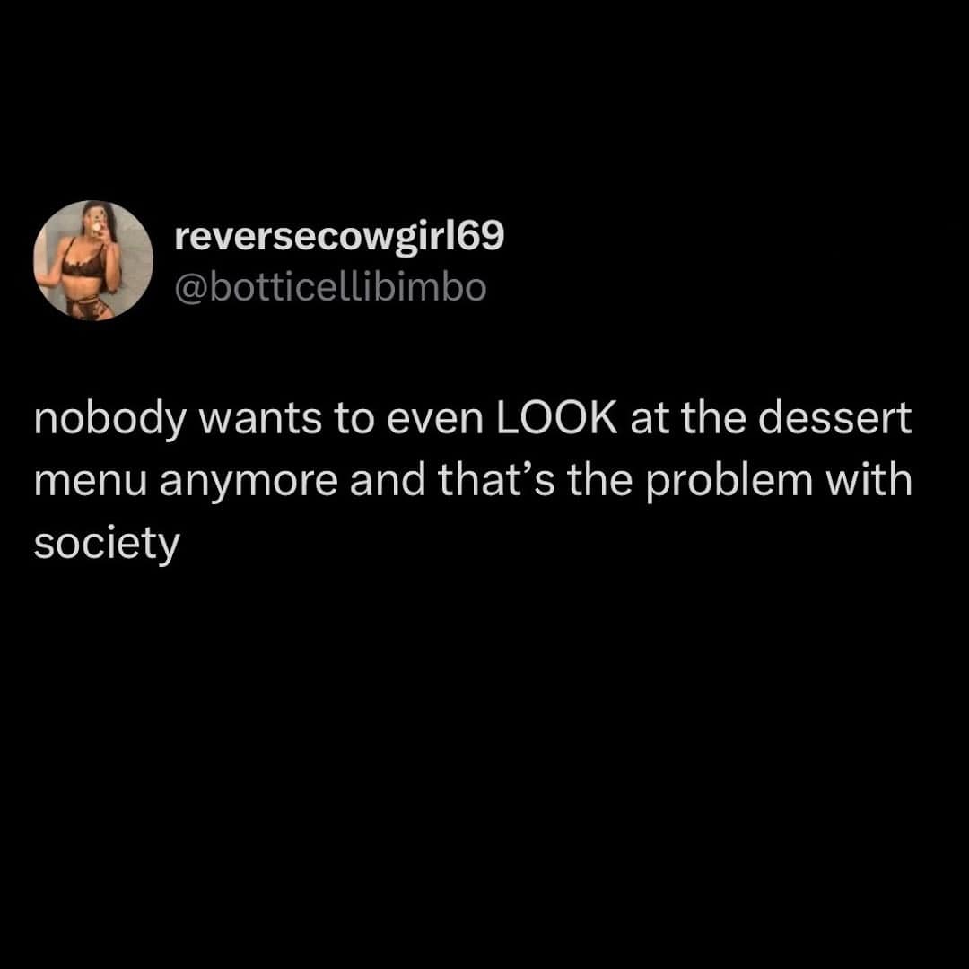 Twitter post by @botticellibimbo about dessert menu aversion.