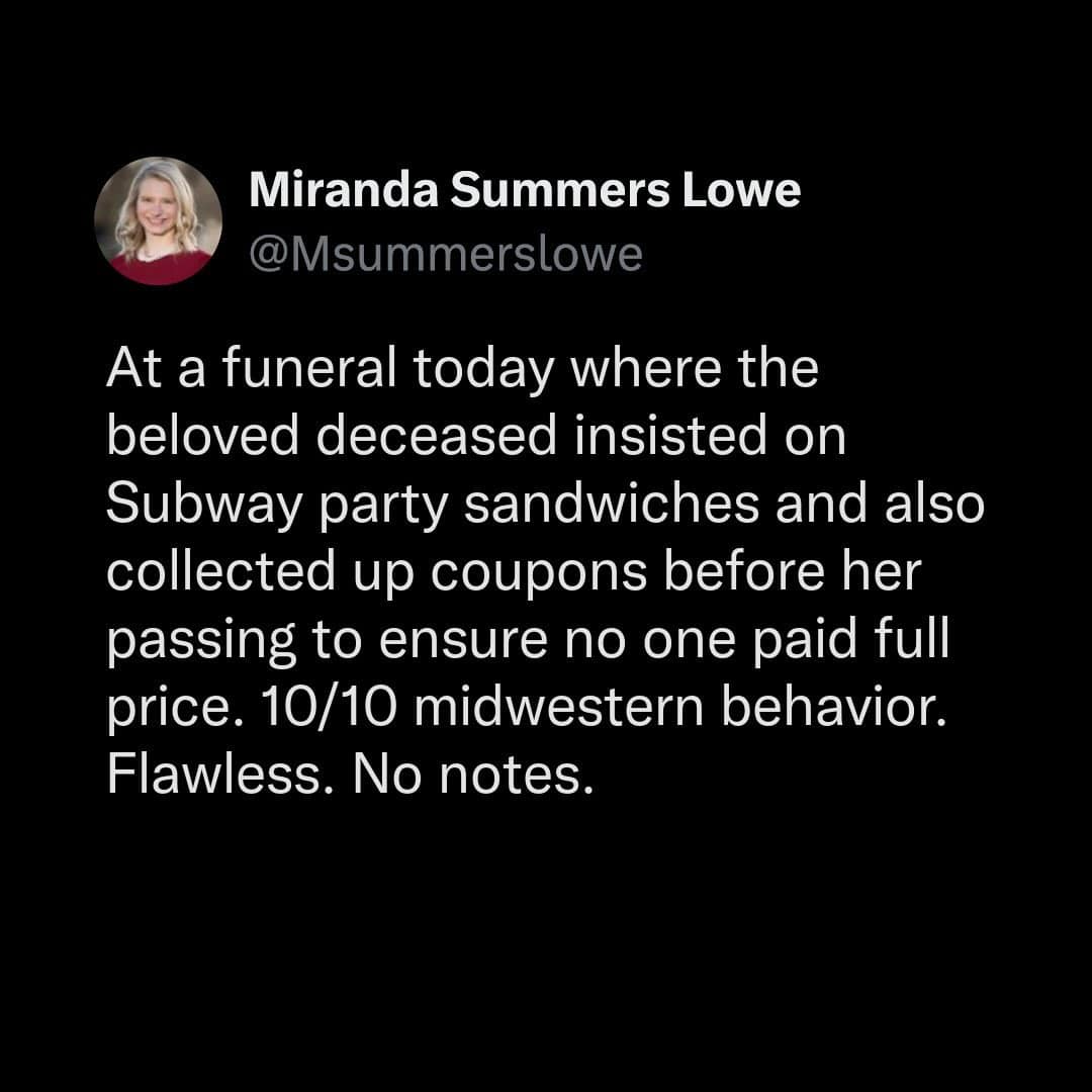 Twitter post by Miranda Summers Lowe about funeral and coupons.