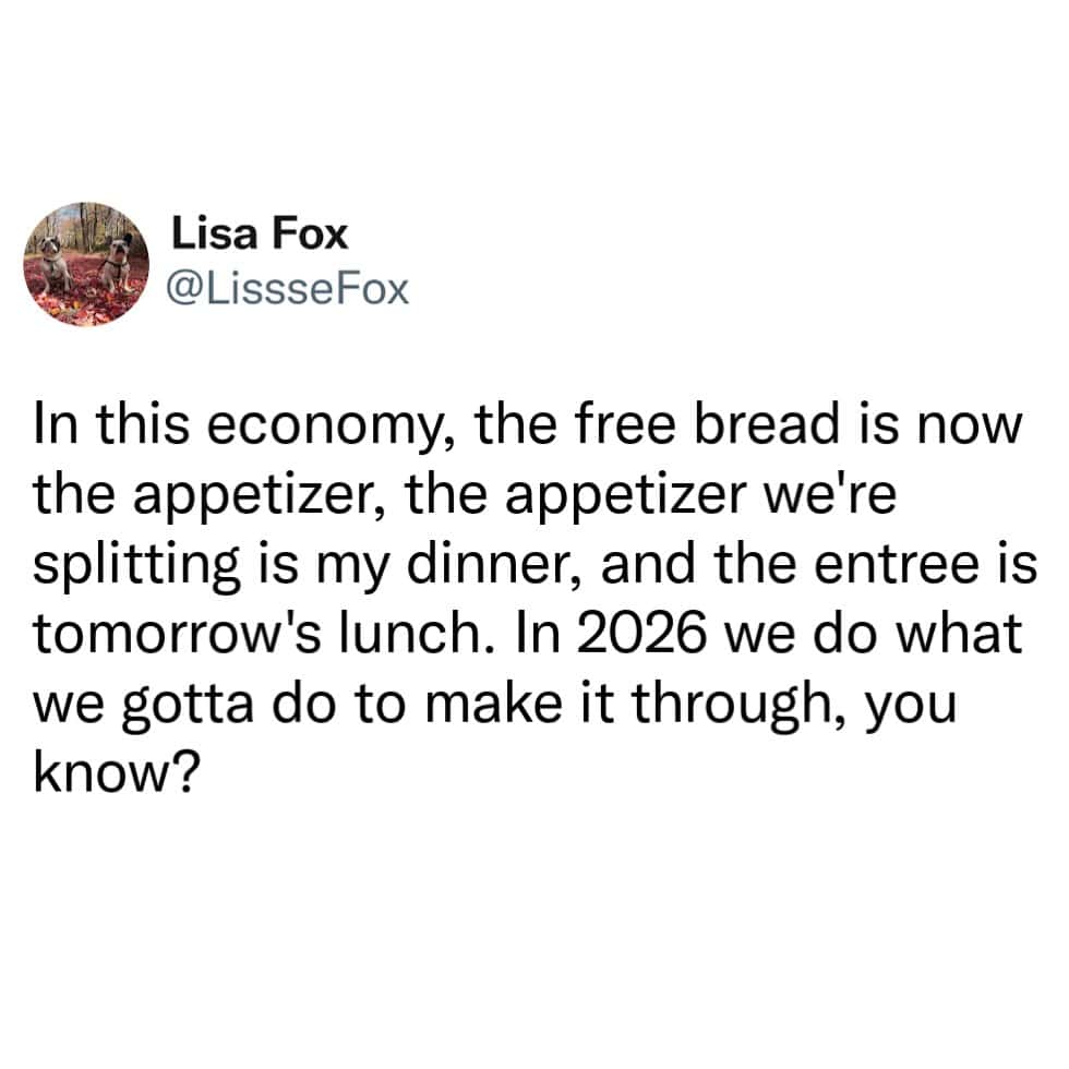 Lisa Fox tweet about economy and food, mentioning free bread, appetizer, dinner, and lunch.
