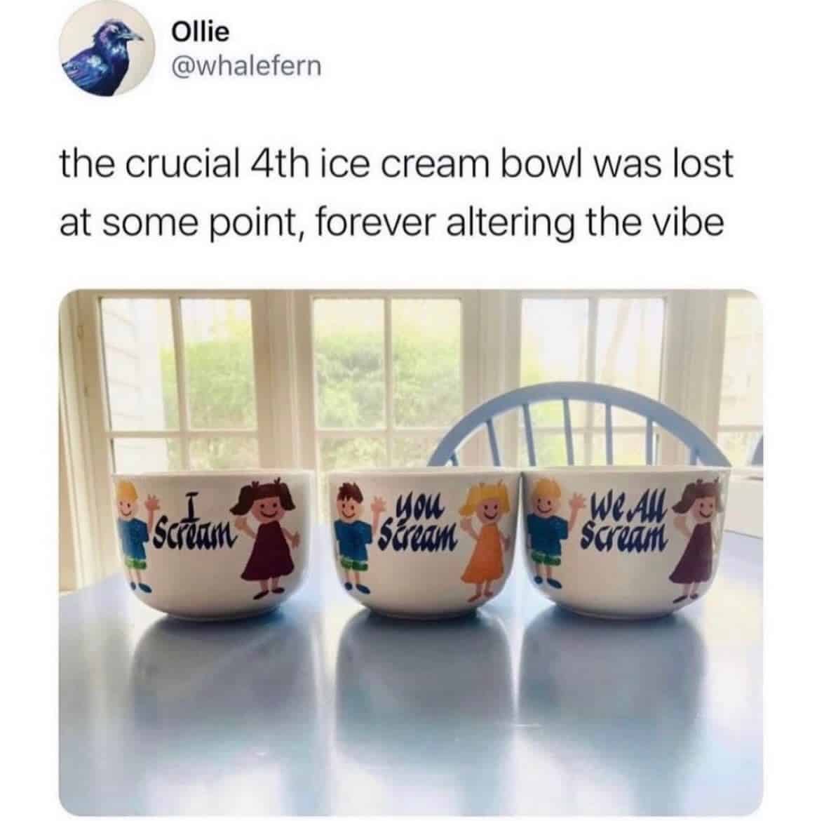 Three ice cream bowls with cartoon characters and text, on a table near a window.