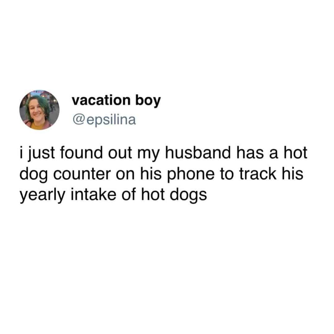 Vacation boy's tweet about husband's hot dog counter on phone.