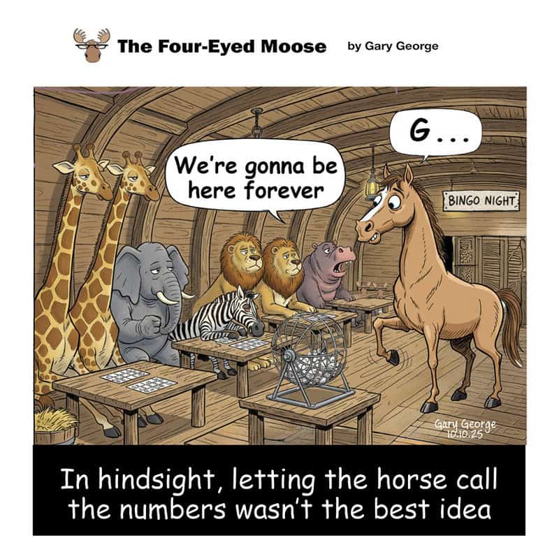 Giraffes, elephants, lions, zebra, and a horse in a bingo hall with speech bubbles.