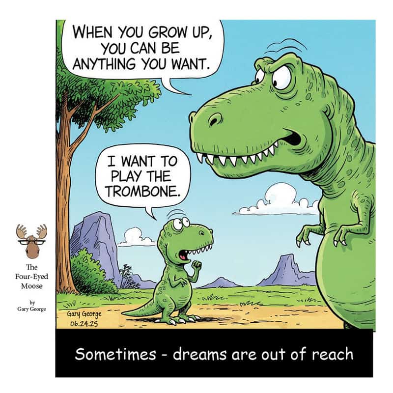 Cartoon of a large T-Rex and a small T-Rex with speech bubbles about growing up and playing the trom.