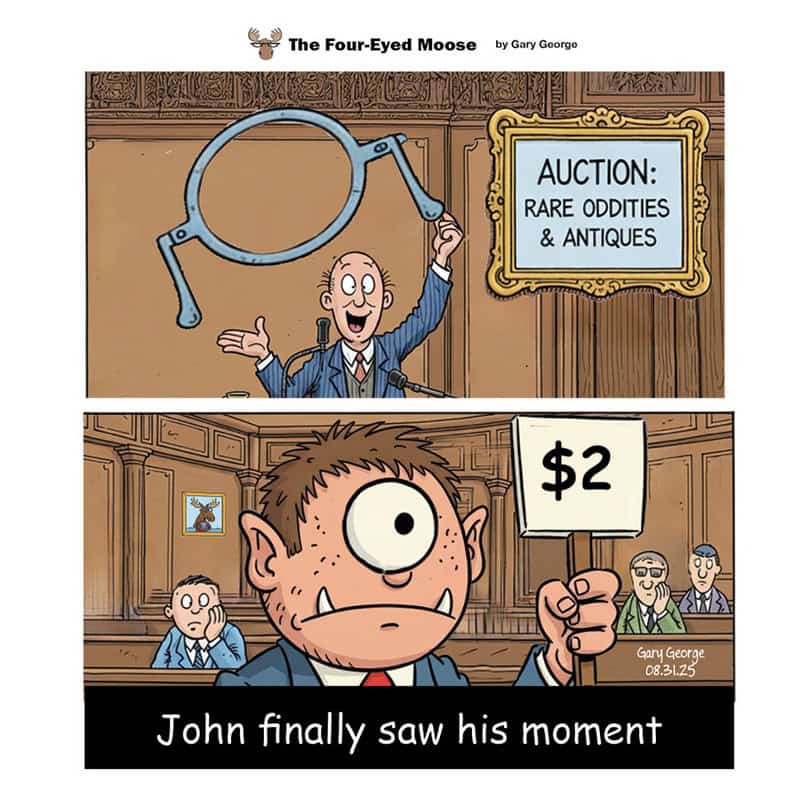 Cartoon auction scene with a one-eyed man and a four-eyed moose.