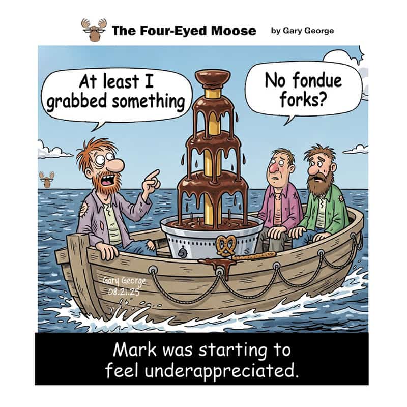 Three men in a boat with a chocolate fountain, one says 'At least I grabbed something,' the other 'F.