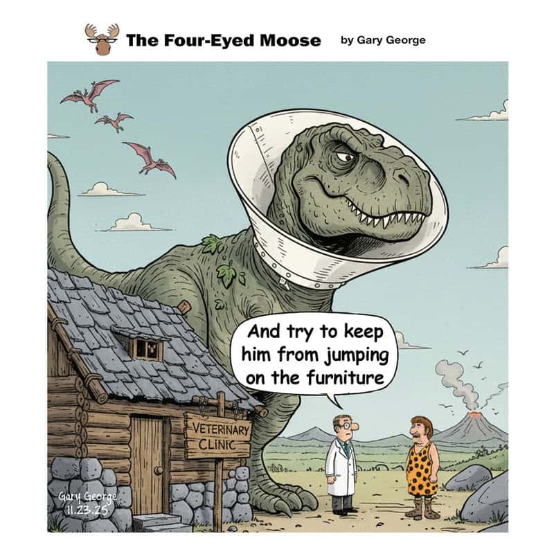 A giant dinosaur with four eyes wearing a space helmet, near a veterinary clinic, with two people in.