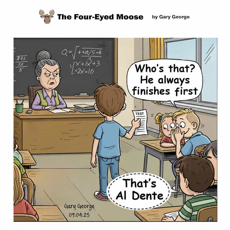 A classroom scene with a teacher and students, one student says 'Who's that? He always finishes test.