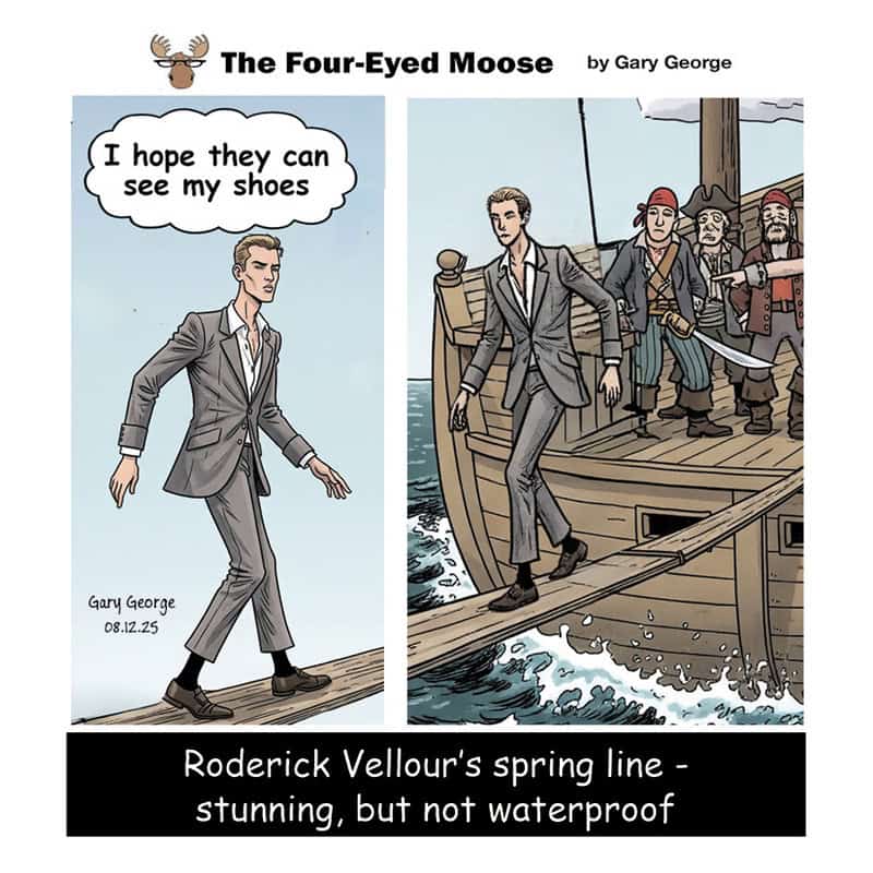 A man in a suit walking on a dock, with pirates on a ship behind him, from 'The Four-Eyed Moose' by.