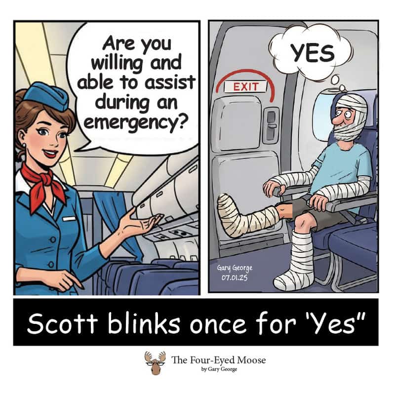 Flight attendant asks if you can assist during an emergency, passenger with bandaged leg says yes.