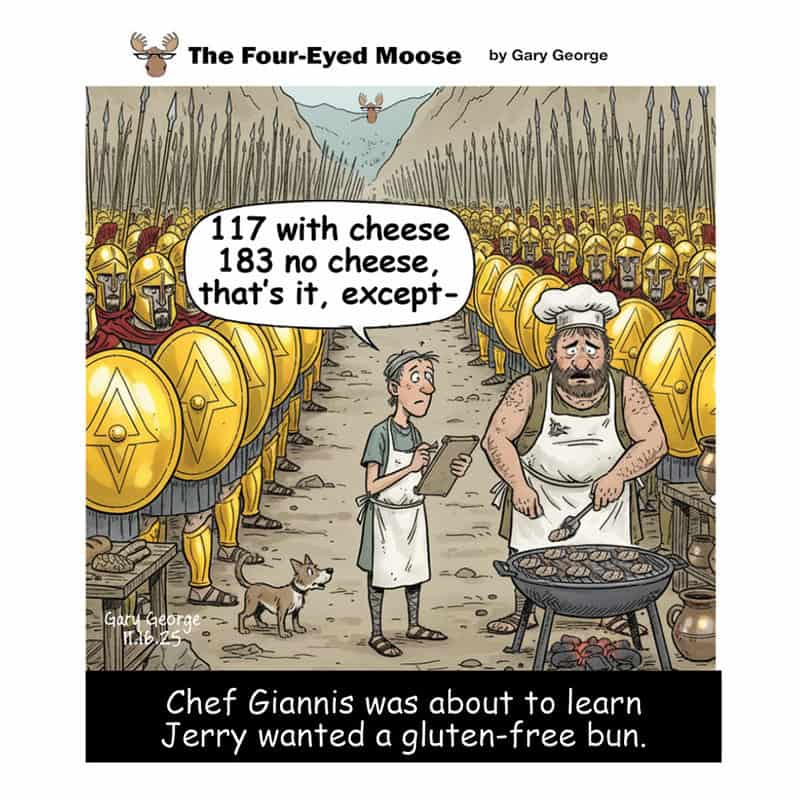Chef Giannis learns Jerry wanted a gluten-free bun, with soldiers in armor and a boy with a dog.