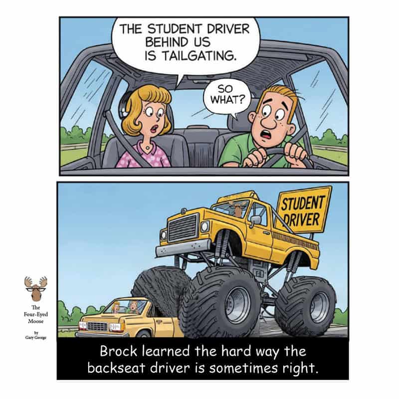 Comic strip from 'The Four-Eyed Moose' showing a car and a monster truck with students.