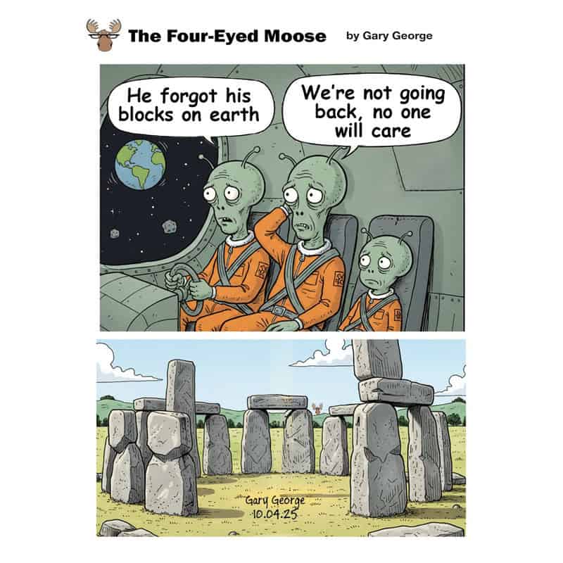 Three aliens in space suits on a spaceship, discussing Earth's blocks, with Stonehenge below.