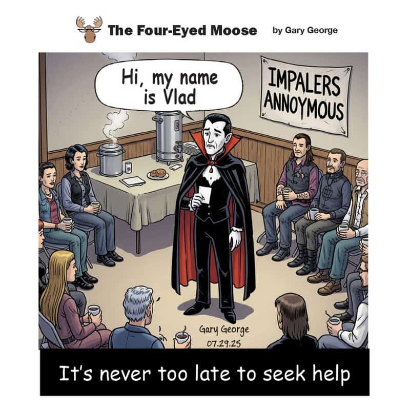 Vlad introduces himself at a support group for Impalers Anonymous, with a sign and a caption about寻求.