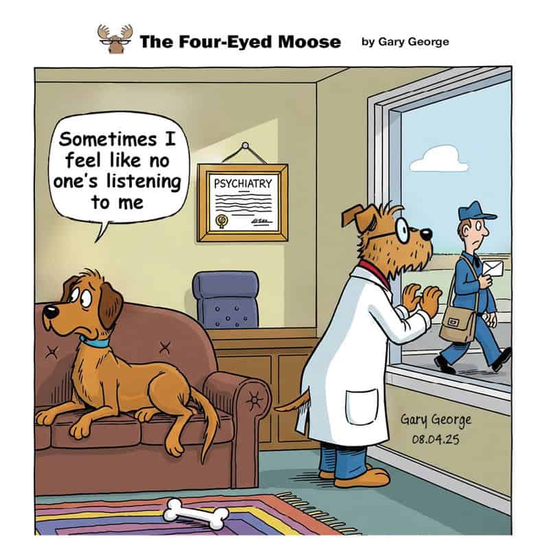 Dog in a doctor's coat talking to a delivery person outside, with a dog on a couch inside.