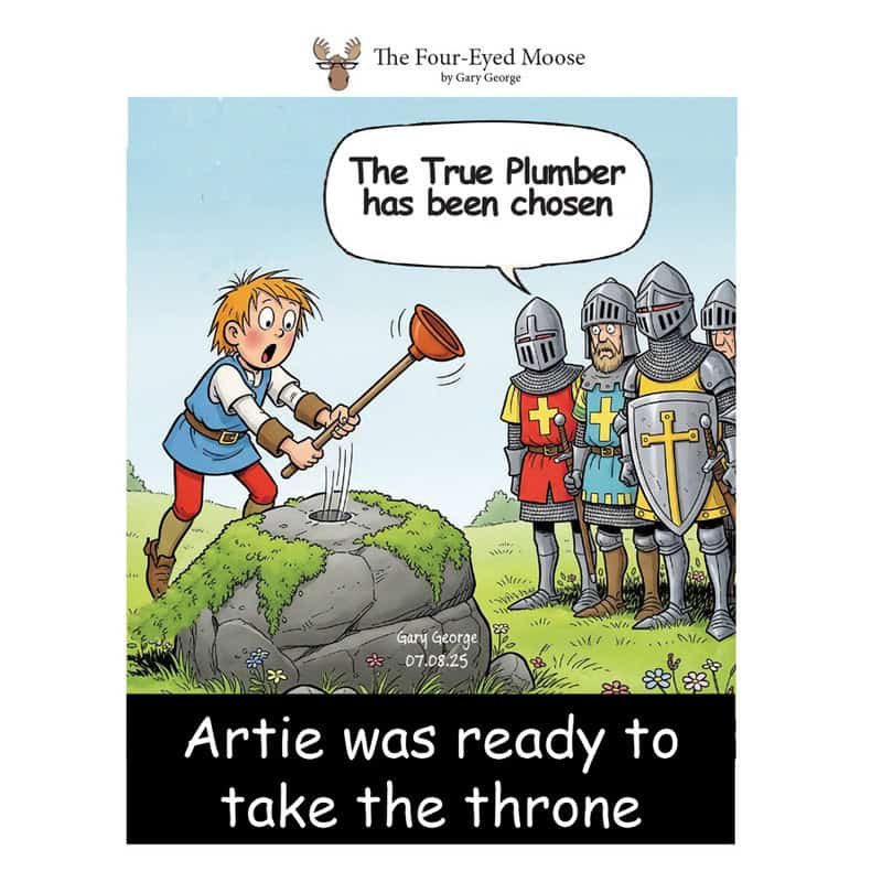 A boy with a plunger stands on a rock, saying 'The True Plumber has been chosen' to armored knights.