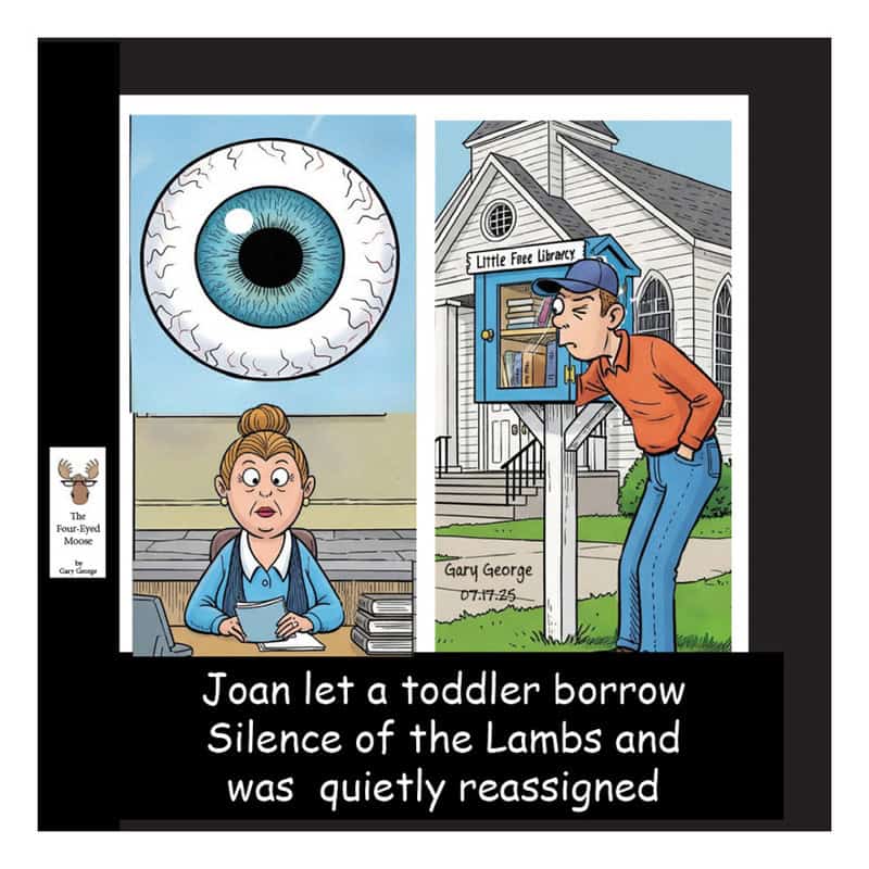A large eye, a woman at a desk, and a man at a library box outside a house.