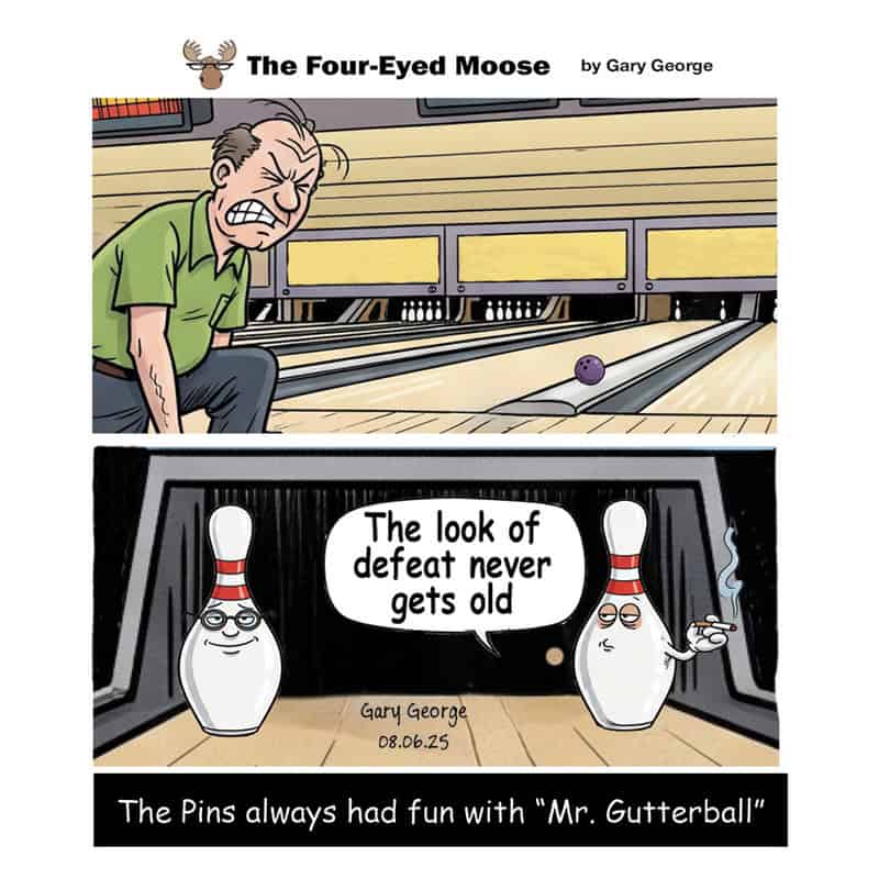 A man at a bowling alley looks frustrated after missing a shot, with bowling pins and a ball.