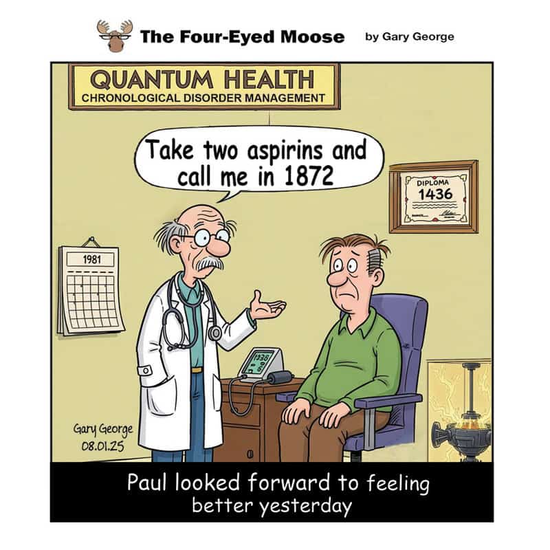 Doctor tells patient to take two aspirin and call in 1872, with a diploma and calendar in background.